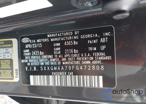 2015 Kia Optima Lx из США, поврежденный, VIN 5XXGM4A79FG472808